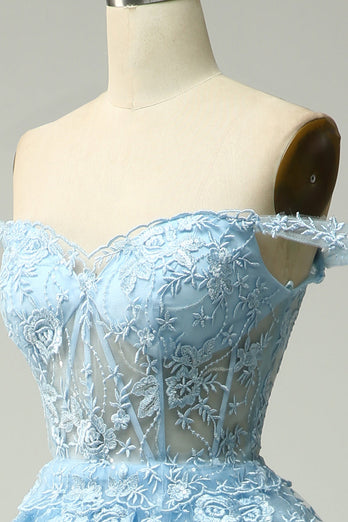 Prinsessan en linje från axeln blå lång balklänning med applikationer