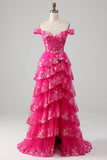 Off The Shoulder Fuchsia Balklänning med paljetter