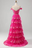 Off The Shoulder Fuchsia Balklänning med paljetter