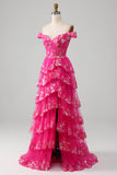 Off The Shoulder Fuchsia Balklänning med paljetter