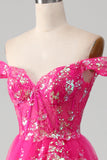 Off The Shoulder Fuchsia Balklänning med paljetter