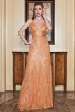 Smala Axelband Orange Paljetter Lång Balklänning Med Criss Cross Back