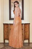 Smala Axelband Orange Paljetter Lång Balklänning Med Criss Cross Back