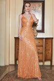 Smala Axelband Orange Paljetter Lång Balklänning Med Criss Cross Back