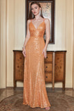 Smala Axelband Orange Paljetter Lång Balklänning Med Criss Cross Back