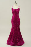 Hot Pink Paljett Smala Axelband Sjöjungfru Balklänning Med Lace-Up Back