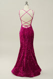 Hot Pink Paljett Smala Axelband Sjöjungfru Balklänning Med Lace-Up Back