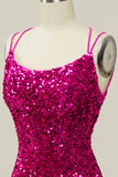 Hot Pink Paljett Smala Axelband Sjöjungfru Balklänning Med Lace-Up Back