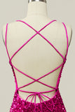 Hot Pink Paljett Smala Axelband Sjöjungfru Balklänning Med Lace-Up Back