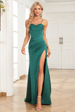Mörkgrön sjöjungfru Spaghetti Straps Satin Prom Klänning med Split Front