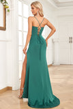 Mörkgrön sjöjungfru Spaghetti Straps Satin Prom Klänning med Split Front