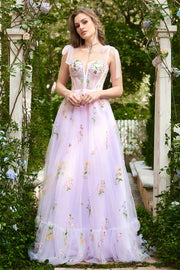 A-linje Lilac broderi Korsett Lång Balklänning