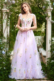 A-linje Lilac broderi Korsett Lång Balklänning