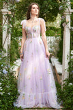 Lavendel Tulle En linje korsett Plus Size Bal Klänning med broderad