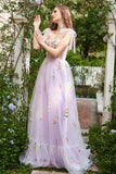 A-linje Lilac broderi Korsett Lång Balklänning