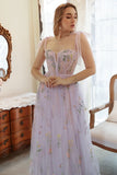Lavendel Tulle En linje korsett Plus Size Bal Klänning med broderad