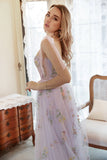 Lavendel Tulle En linje korsett Plus Size Bal Klänning med broderad