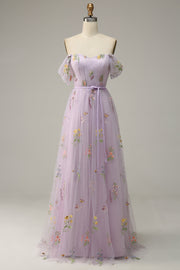 Lavendel A-Linje Tyll Off Shoulder Balklänning