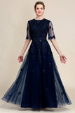 Sparkly Navy Beaded Mother of the Bride Dress med spets