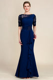 Navy Sheath Mor of Bride Dress med applikationer