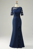 Navy Sheath Mor of Bride Dress med applikationer