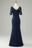 Navy Sheath Mor of Bride Dress med applikationer