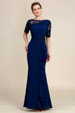 Navy Sheath Mor of Bride Dress med applikationer