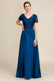 Blue A Line Mother of Bride Dress med applikationer