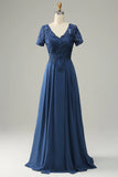 Blue A Line Mother of Bride Dress med applikationer