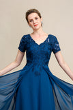 Blue A Line Mother of Bride Dress med applikationer