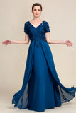 Blue A Line Mother of Bride Dress med applikationer