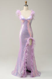 Mermaid Sweetheart Purple Paljetter Lång balklänning med fjäder