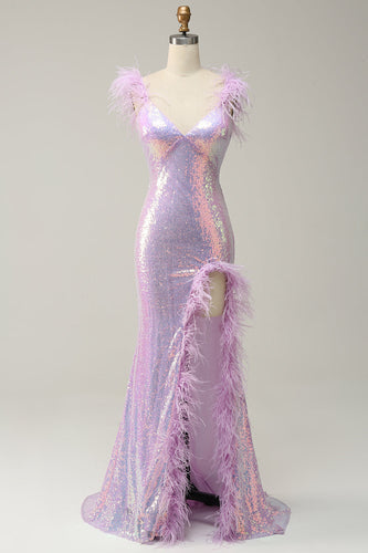Mermaid Sweetheart Purple Paljetter Lång balklänning med fjäder