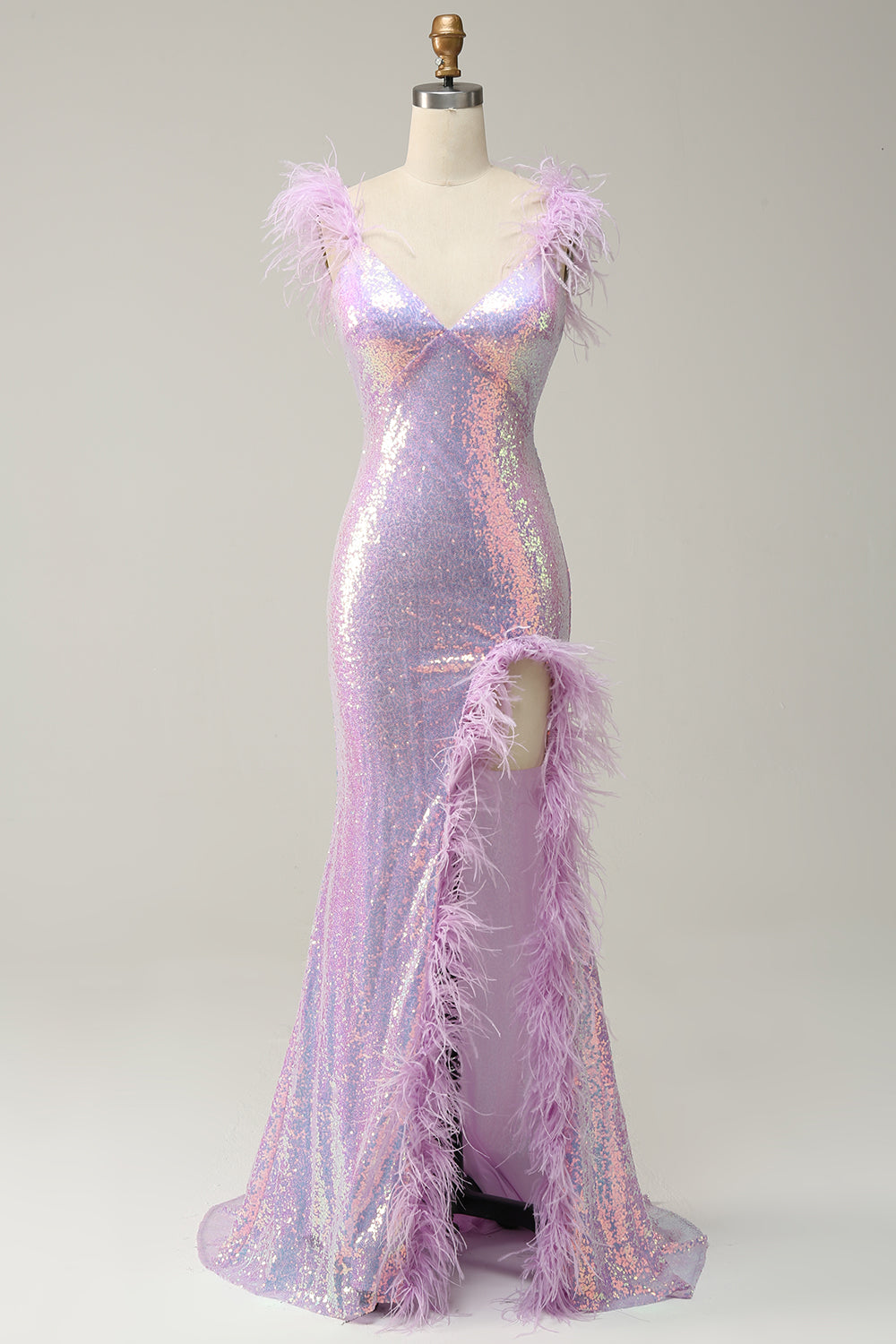 Mermaid Sweetheart Purple Paljetter Lång balklänning med fjäder