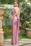Sheath Spaghetti Straps Blush Long Bridesmaid Klänning med Bowknot