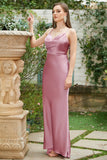 Sheath Spaghetti Straps Blush Long Bridesmaid Klänning med Bowknot