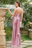 Sheath Spaghetti Straps Blush Long Bridesmaid Klänning med Bowknot