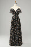 Svart Chiffong Off Shoulder Bal Klänning med blommig