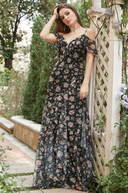 Svart Chiffong Off Shoulder Bal Klänning med blommig