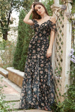 Svart Chiffong Off Shoulder Bal Klänning med blommig