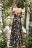 Svart Chiffong Off Shoulder Bal Klänning med blommig