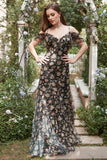 Svart Chiffong Off Shoulder Bal Klänning med blommig