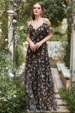 Svart Chiffong Off Shoulder Bal Klänning med blommig