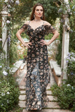 Svart Chiffong Off Shoulder Bal Klänning med blommig