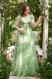 A-Line V-Neck Broderi Lavendel Long Prom Klänning med korta ärmar