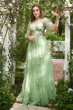 A-Line V-Neck Broderi Lavendel Long Prom Klänning med korta ärmar