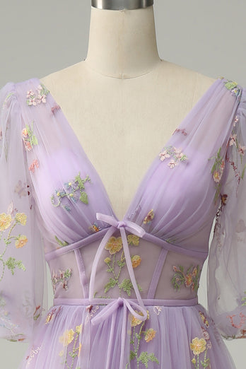 A-Line V-Neck Broderi Lavendel Long Prom Klänning med korta ärmar