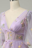A-Line V-Neck Broderi Lavendel Long Prom Klänning med korta ärmar