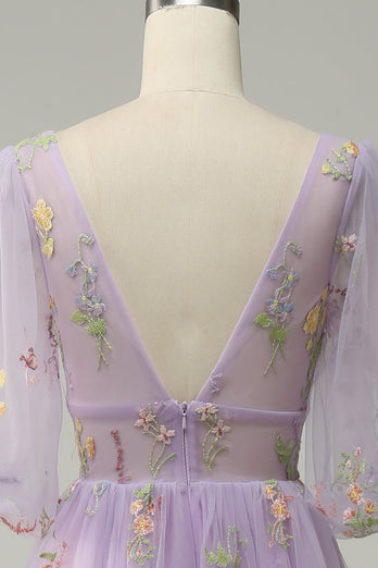 A-Line V-Neck Broderi Lavendel Long Prom Klänning med korta ärmar