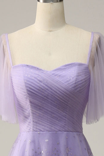 Off Shoulder Lavendel Balklänning Med Volanger